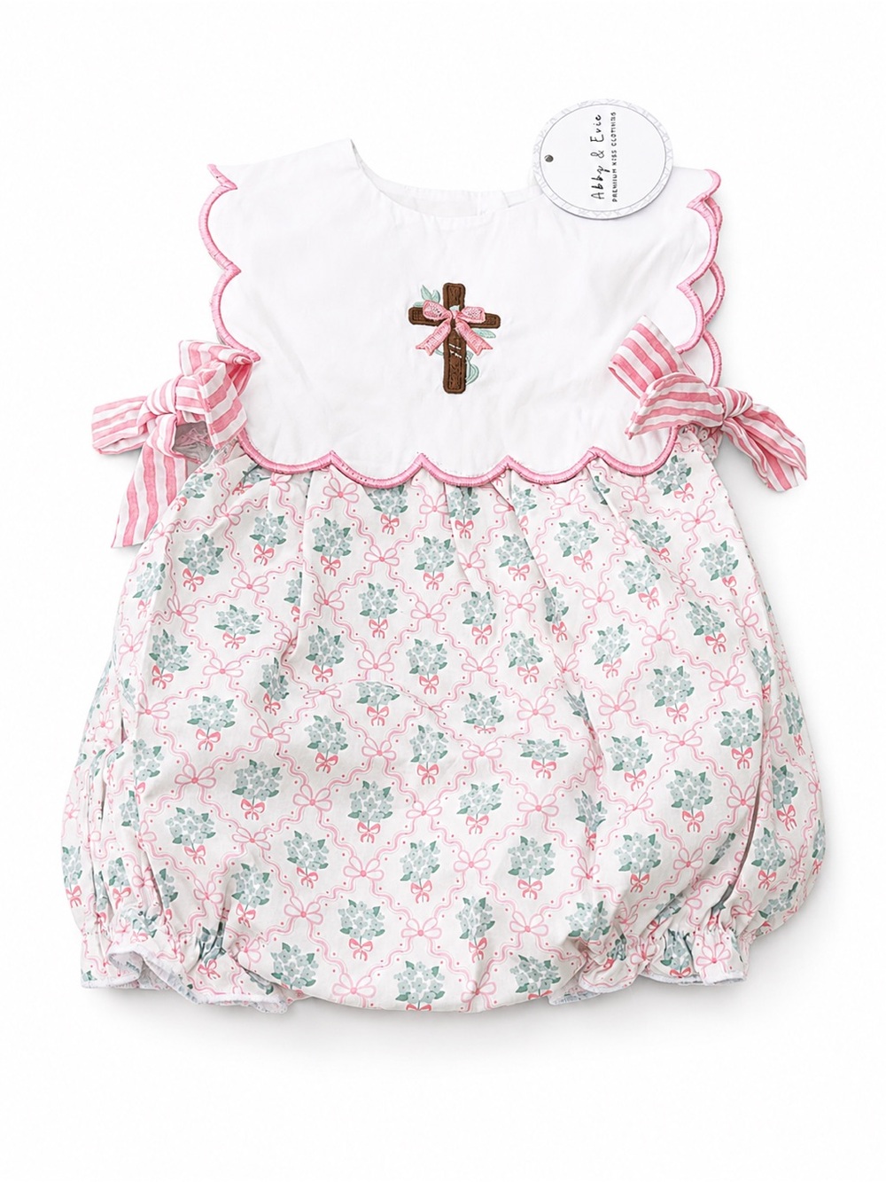 Abby & Evie Premium Baby Girl Bubble Romper 12M Pink Cross Embroidered NWT